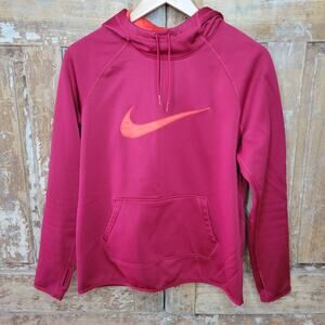 NIKE Dri-Fit Therma Hoodie Pullover Sweatshirt Swoosh Logo Fleece Red Orange  M
